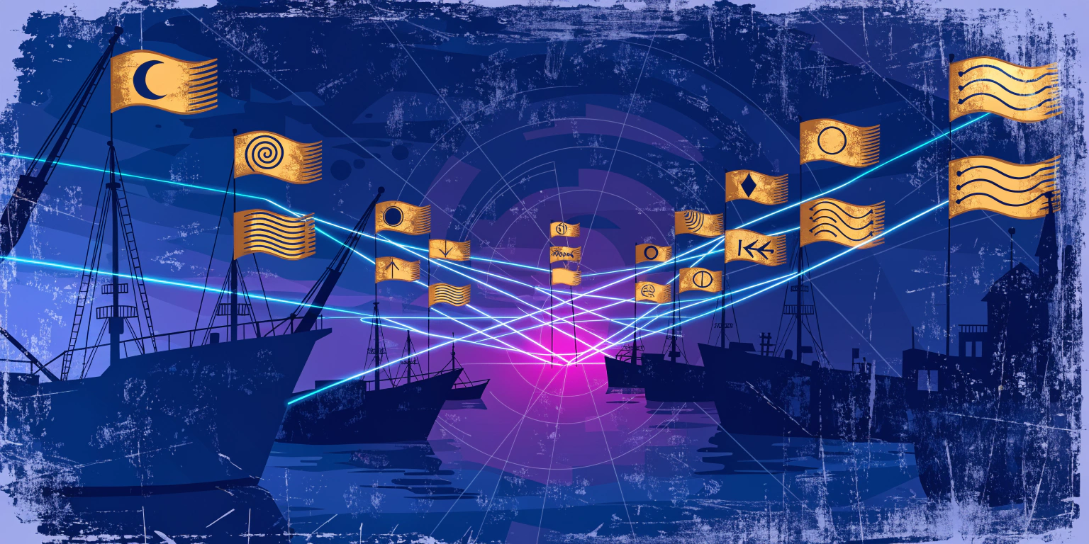 A ronin reading golden signal flags from different ships in a dark harbor - representing context driving deeper engagement
