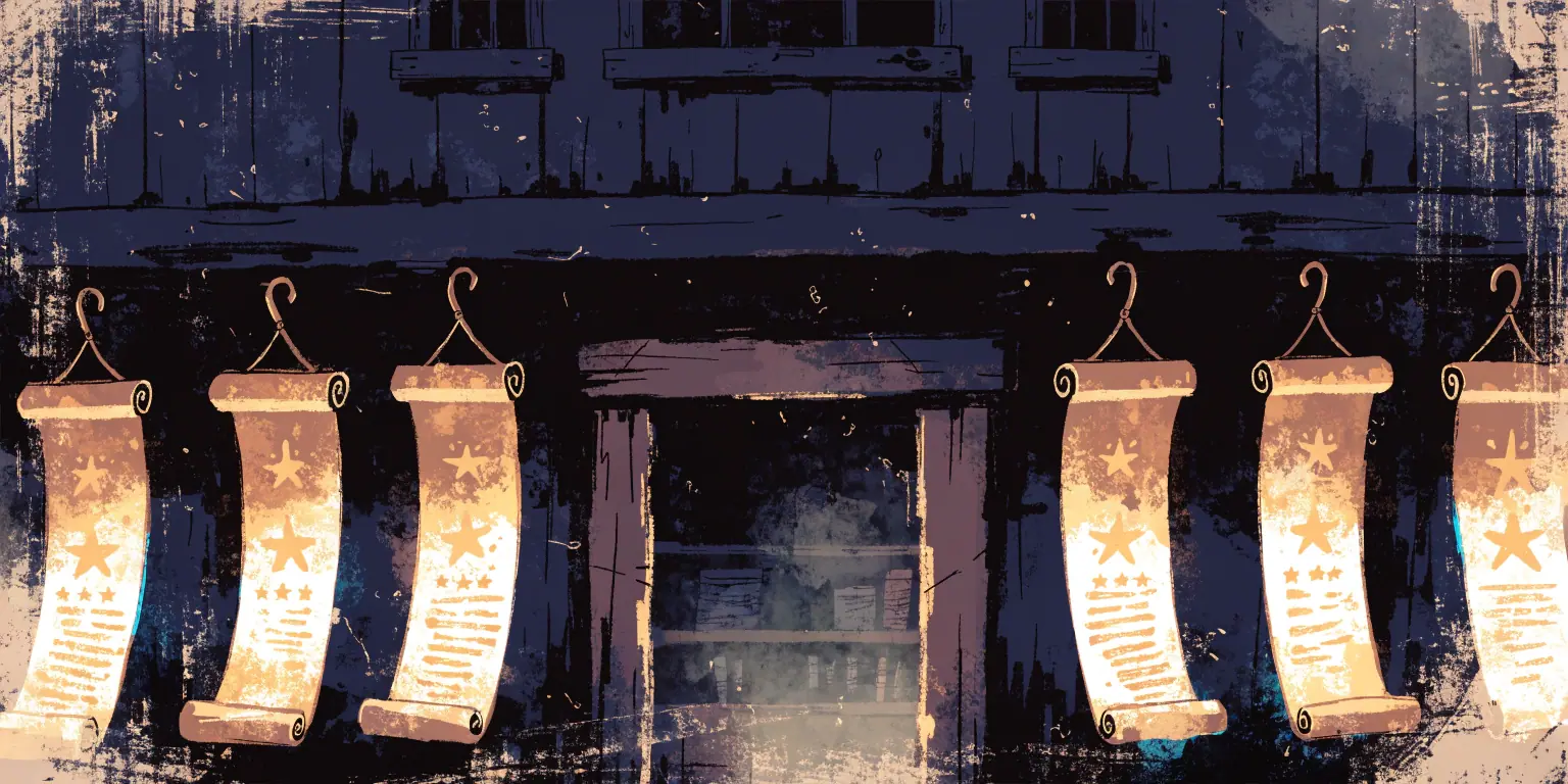 A ronin reading golden testimonial scrolls hung outside a dark trading post - representing the power of online reviews