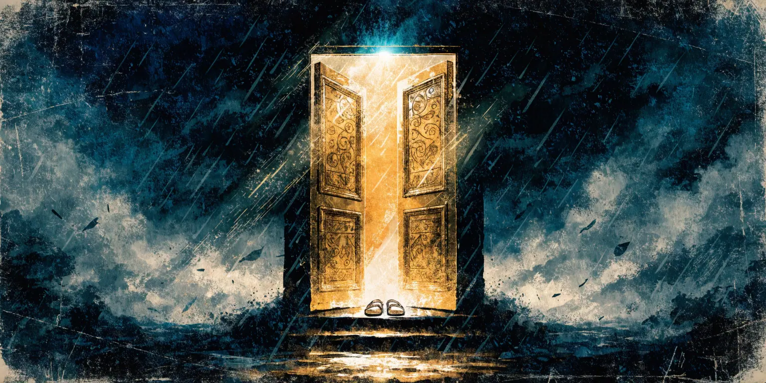 A ronin standing calm in a golden doorway while storms rage outside - representing the power of showing up
