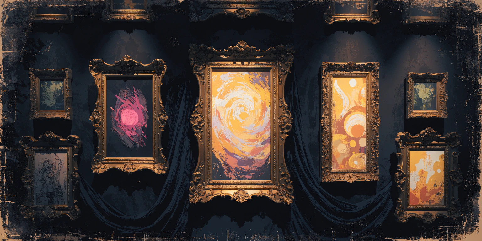 professional-graphics-photos-website-importance A ronin examining golden framed artwork and detailed illustrations on a dark gallery wall - representing professional visual content