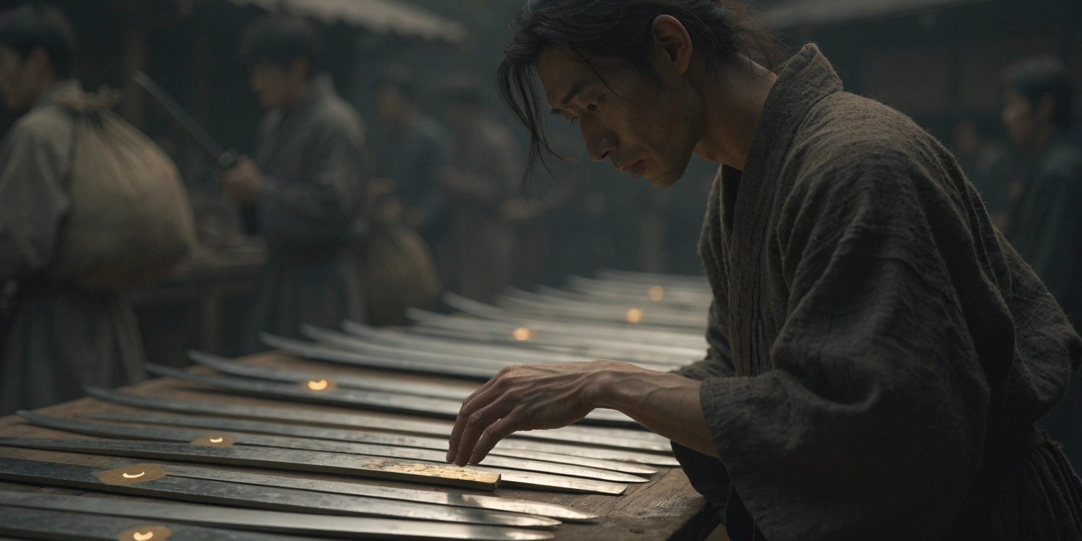 professional-web-design-team-signs-red-flags A ronin inspecting weapons at a market with golden marks on quality blades and dark marks on flawed ones - representing signs of professional quality