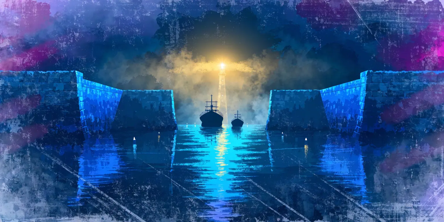 A ronin standing at a golden-lit harbor entrance visible from the dark sea - representing visibility through a professional website