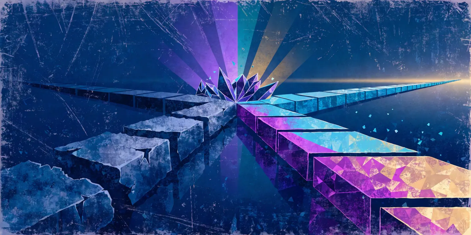 A ronin at a crossroads choosing a golden geometric path over the ocean while an old stone path crumbles behind - representing the shift to a new marketing era
