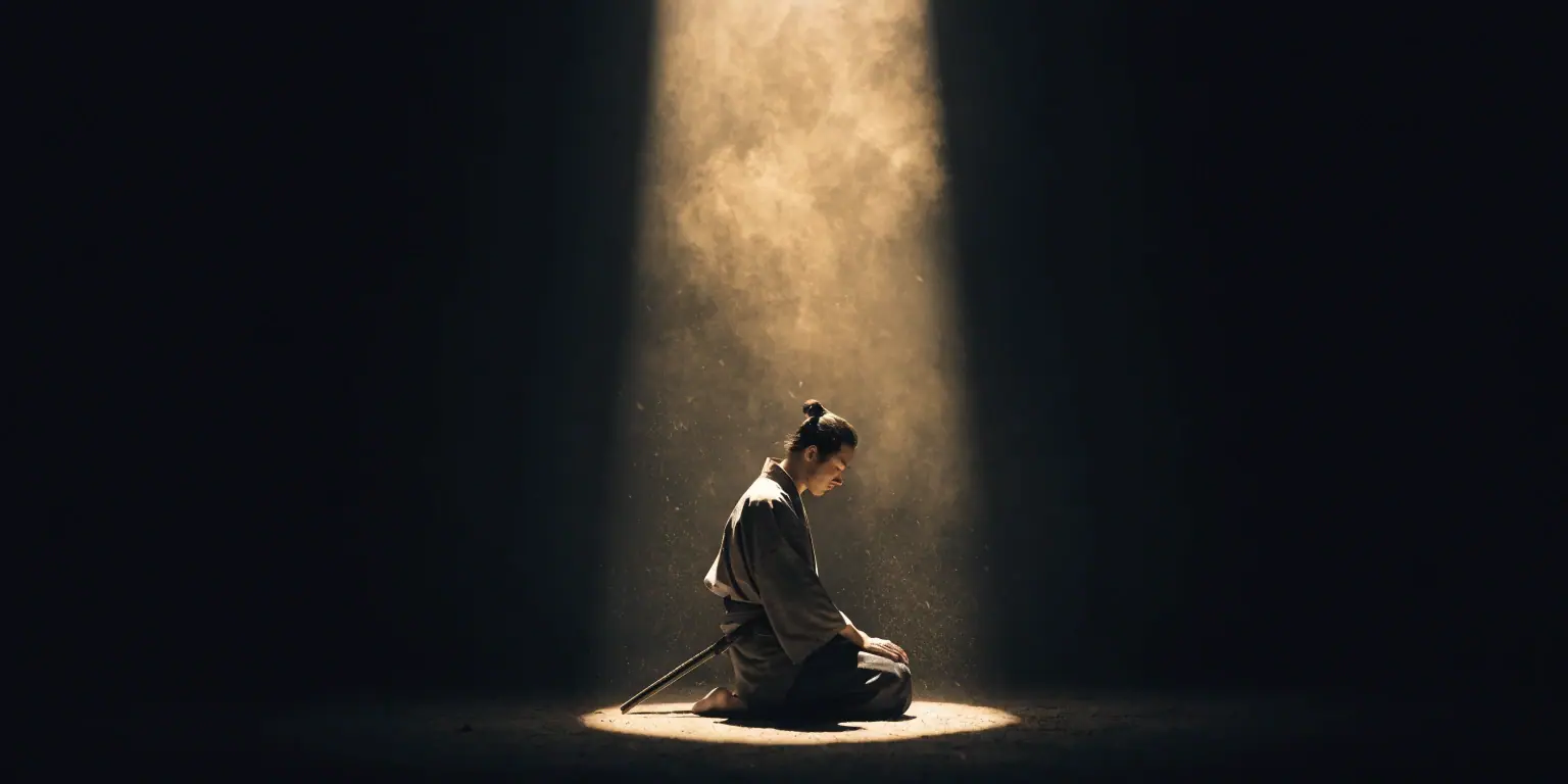 A ronin kneeling in a vast empty dark room with a single golden shaft of light - representing clarity through simplicity