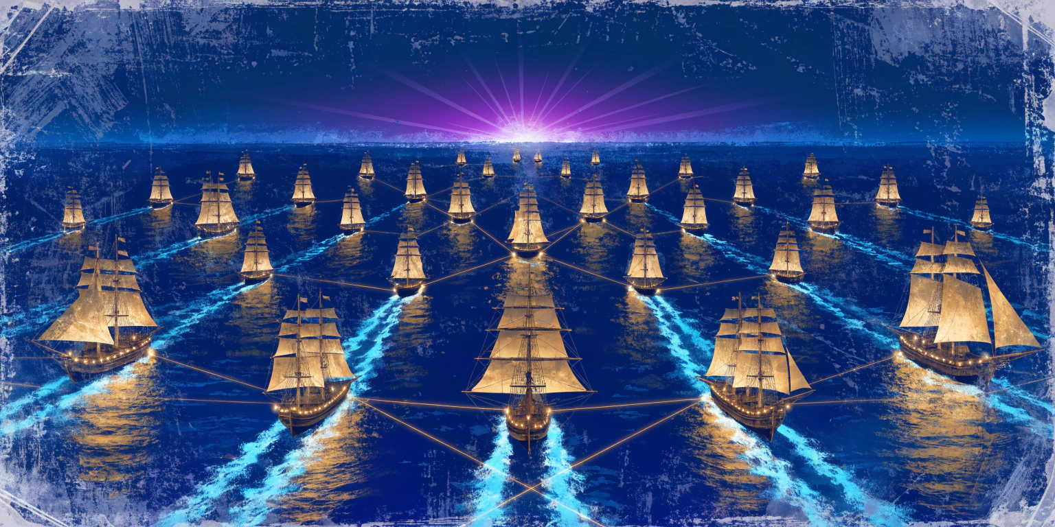 A ronin navigating a massive golden-lit fleet across open waters - representing scaling growth with the engine of visibility