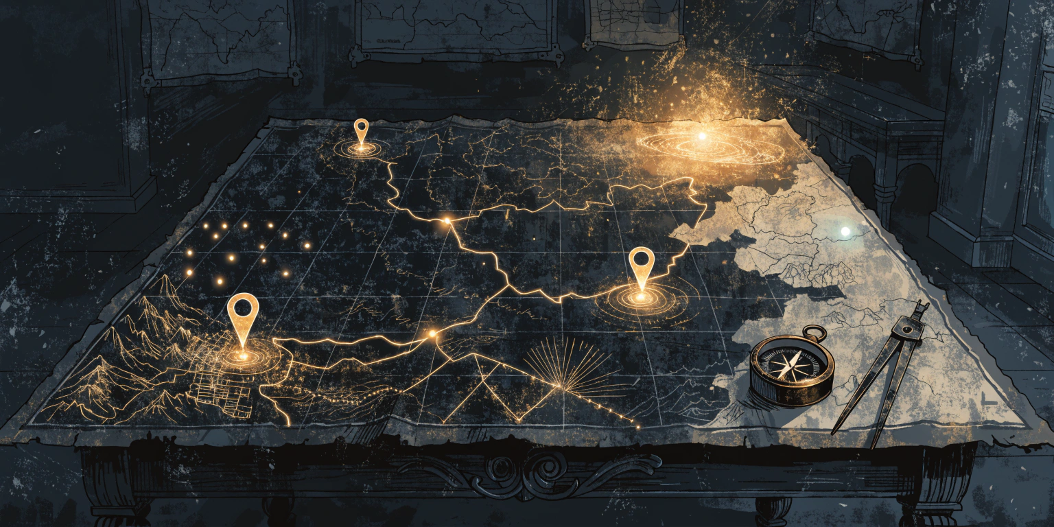 seo-optimization-tips-website-search-visibility A ronin placing golden markers on a dark map to make locations findable - representing SEO optimization for visibility