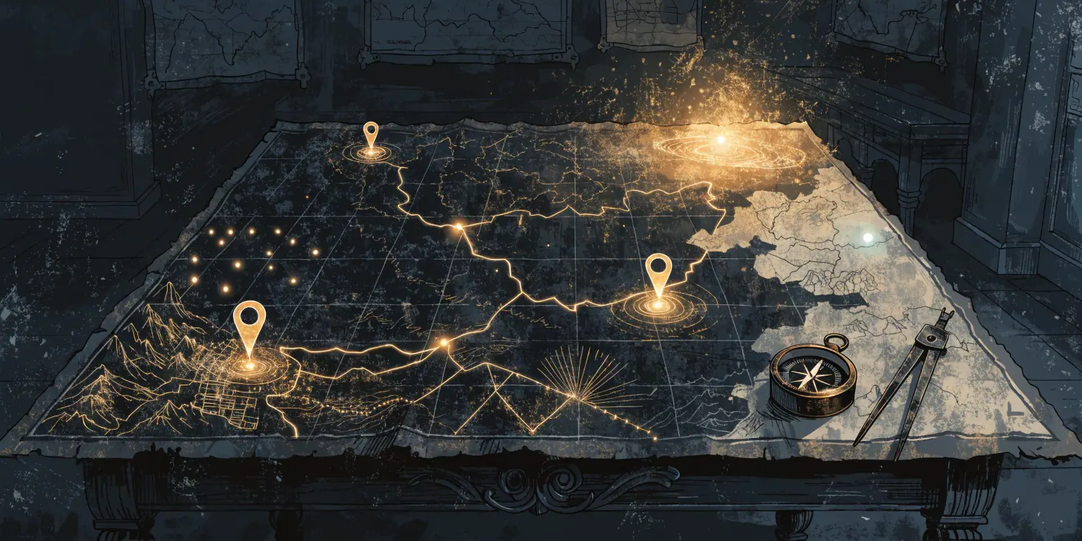 A ronin placing golden markers on a dark map to make locations findable - representing SEO optimization for visibility