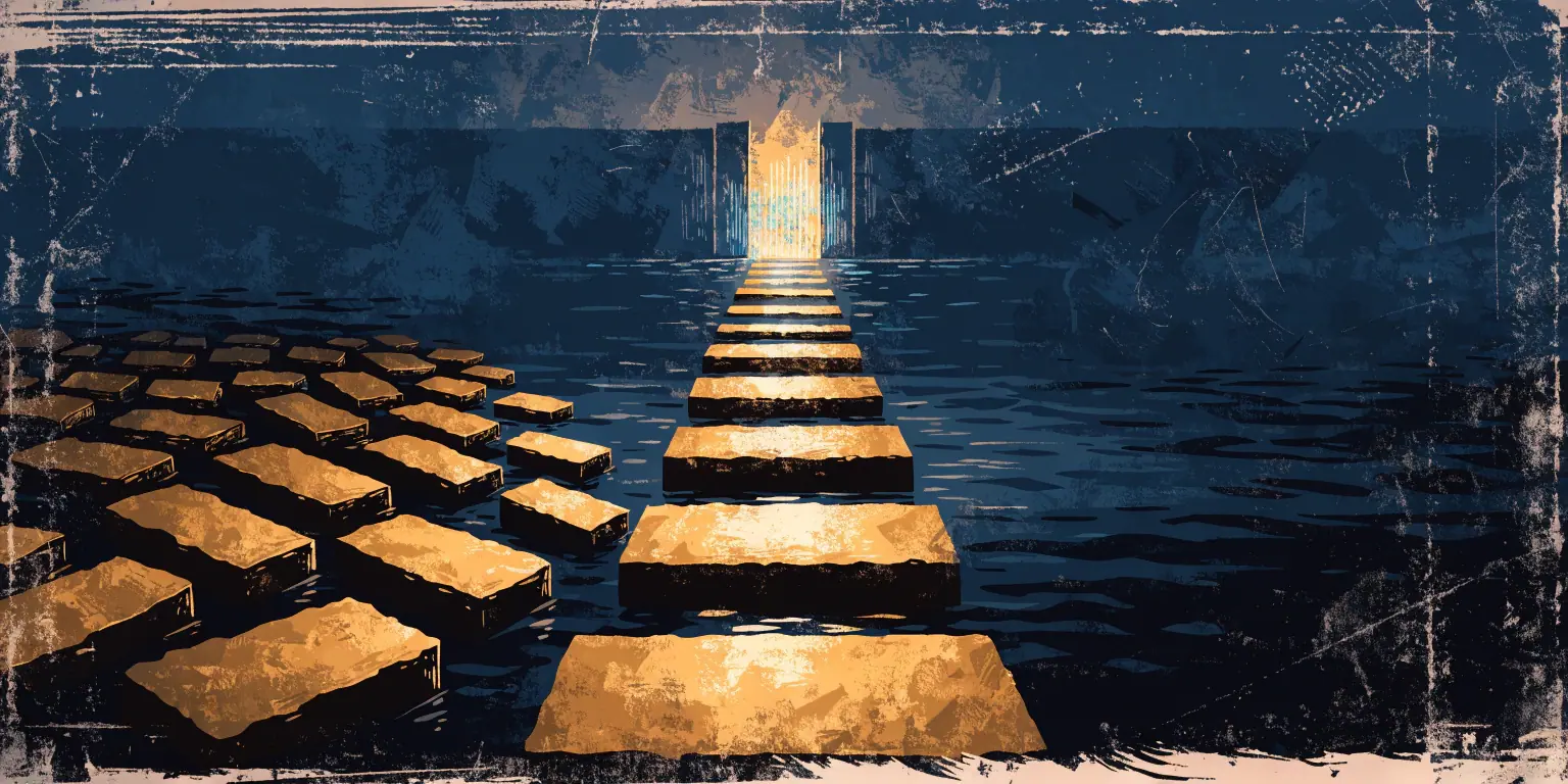 Golden stepping stones in a precise line across dark water toward a lit gate while scattered stones sink aside - sequence over effort