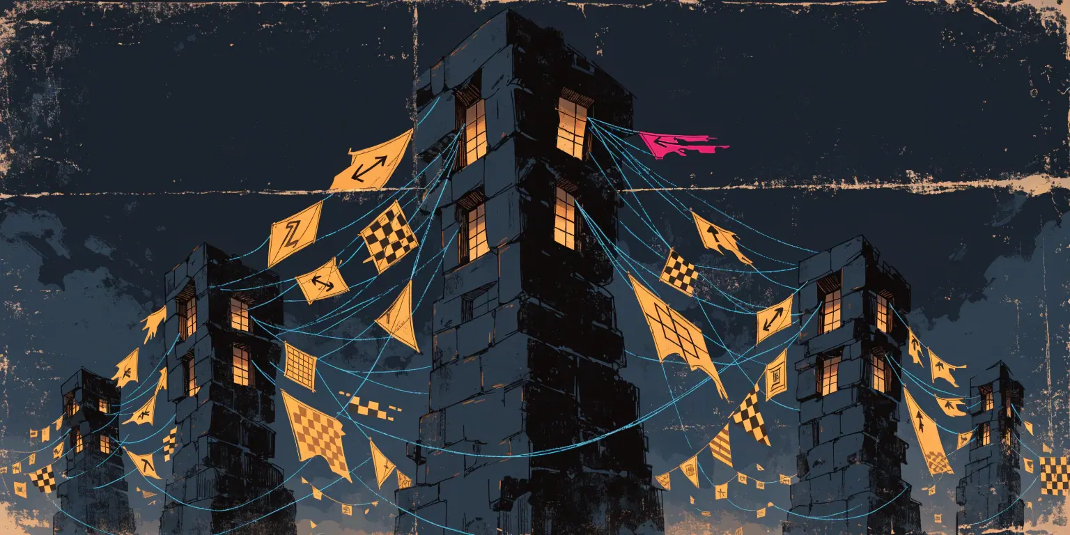 A ronin raising golden flags and banners across a dark network of towers - representing social media brand building