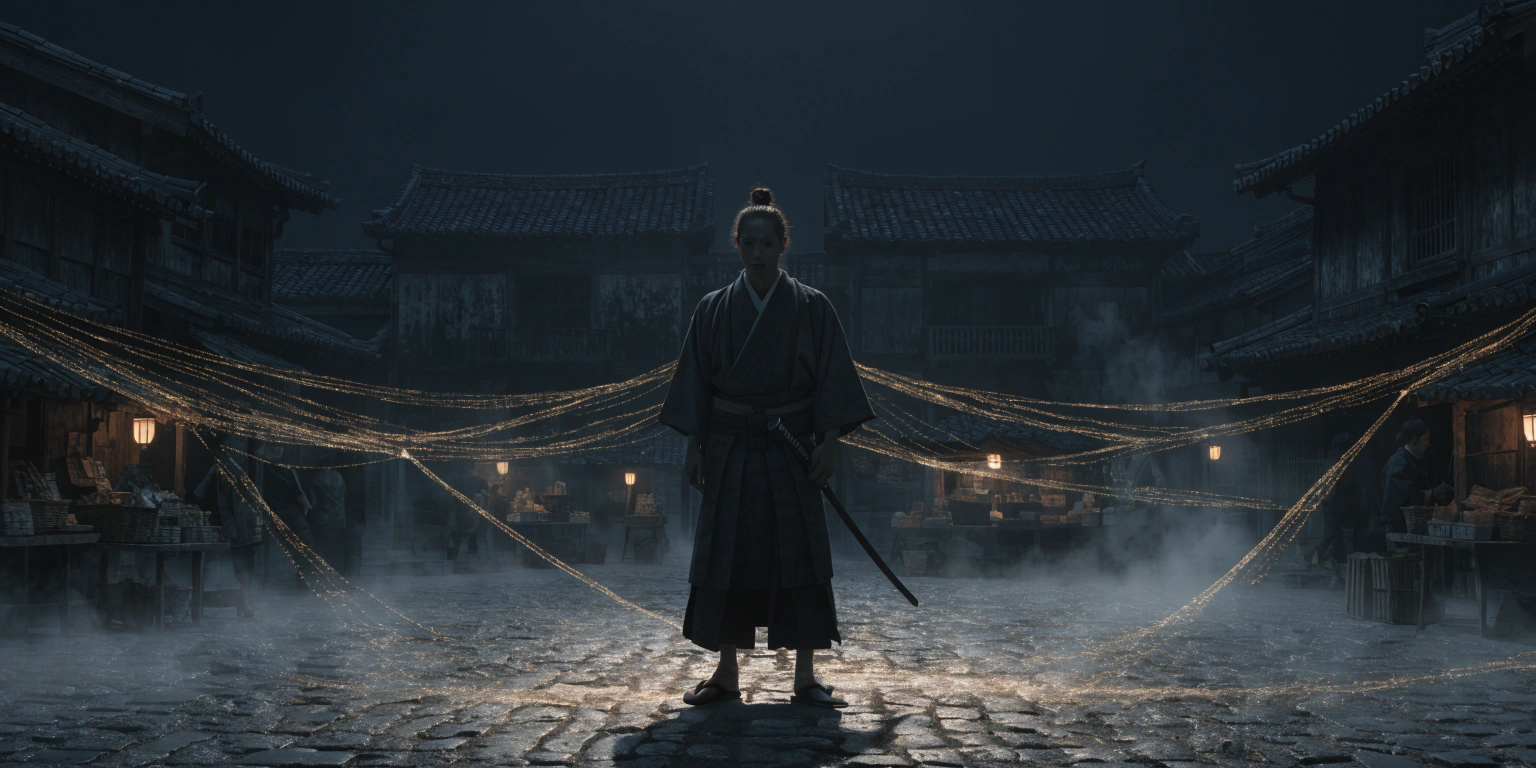 A ronin in a dark town square connecting golden message lines between local merchants - representing social media for local businesses