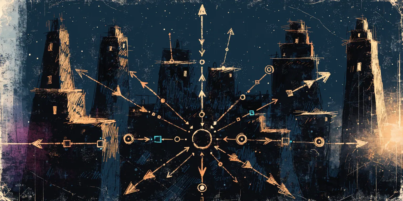 A ronin plotting golden routes between dark communication towers on a strategy map - representing social media strategy