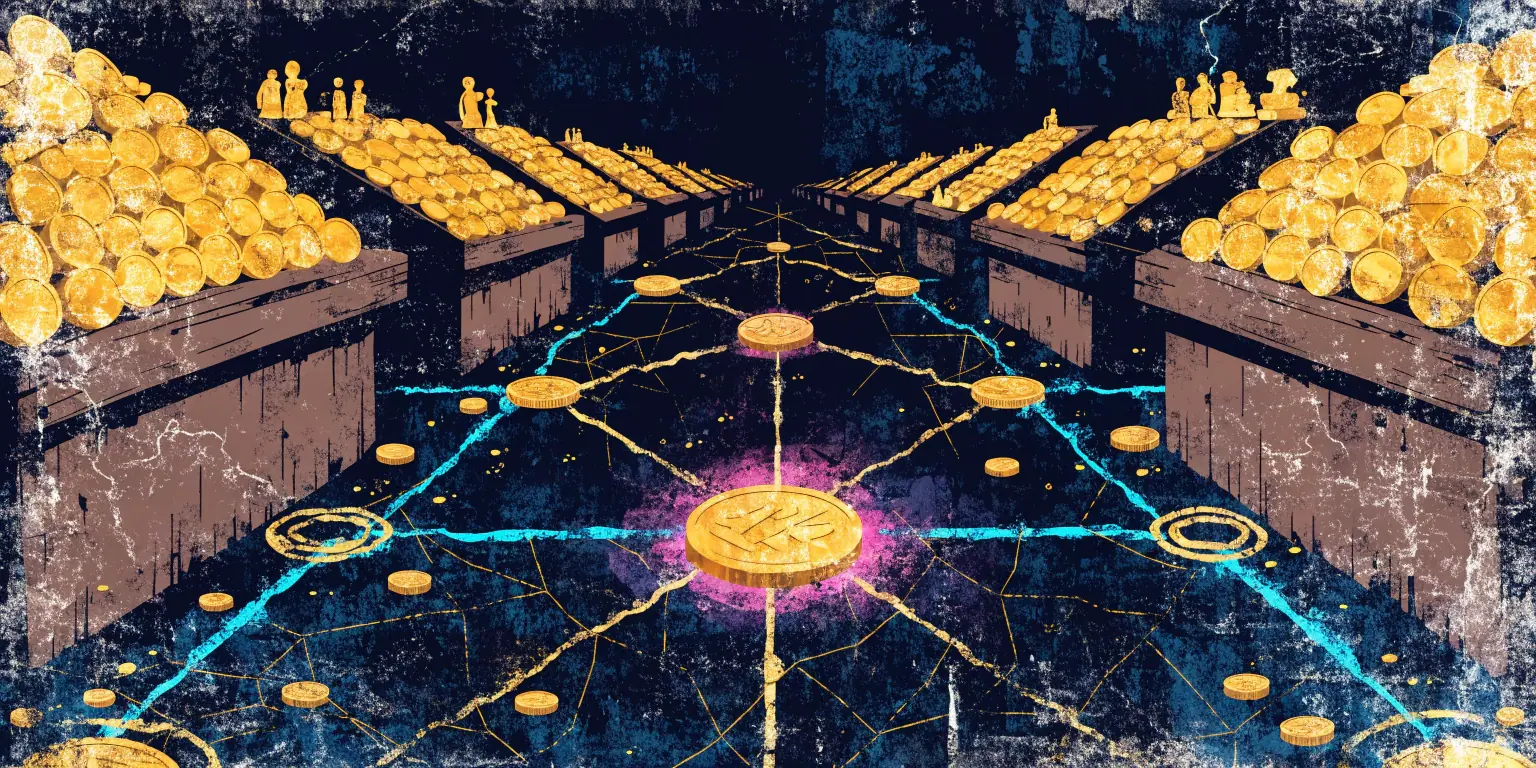 A ronin in a dark marketplace exchanging golden goods with engaged buyers face to face - representing social selling