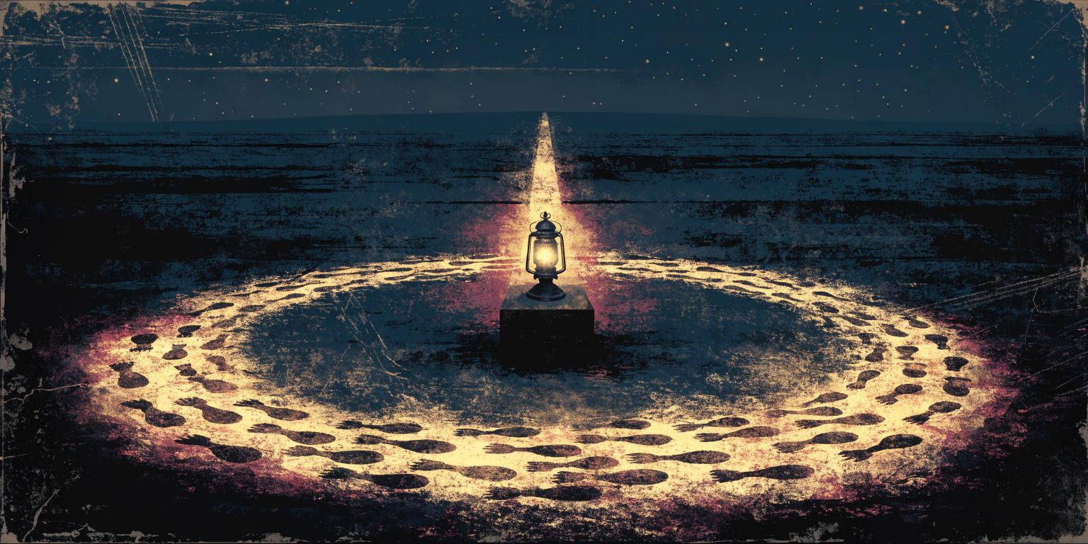 A golden lantern on a pedestal at the center of a worn circle of glowing footprints with one straight path leading out - stop chasing and diagnose