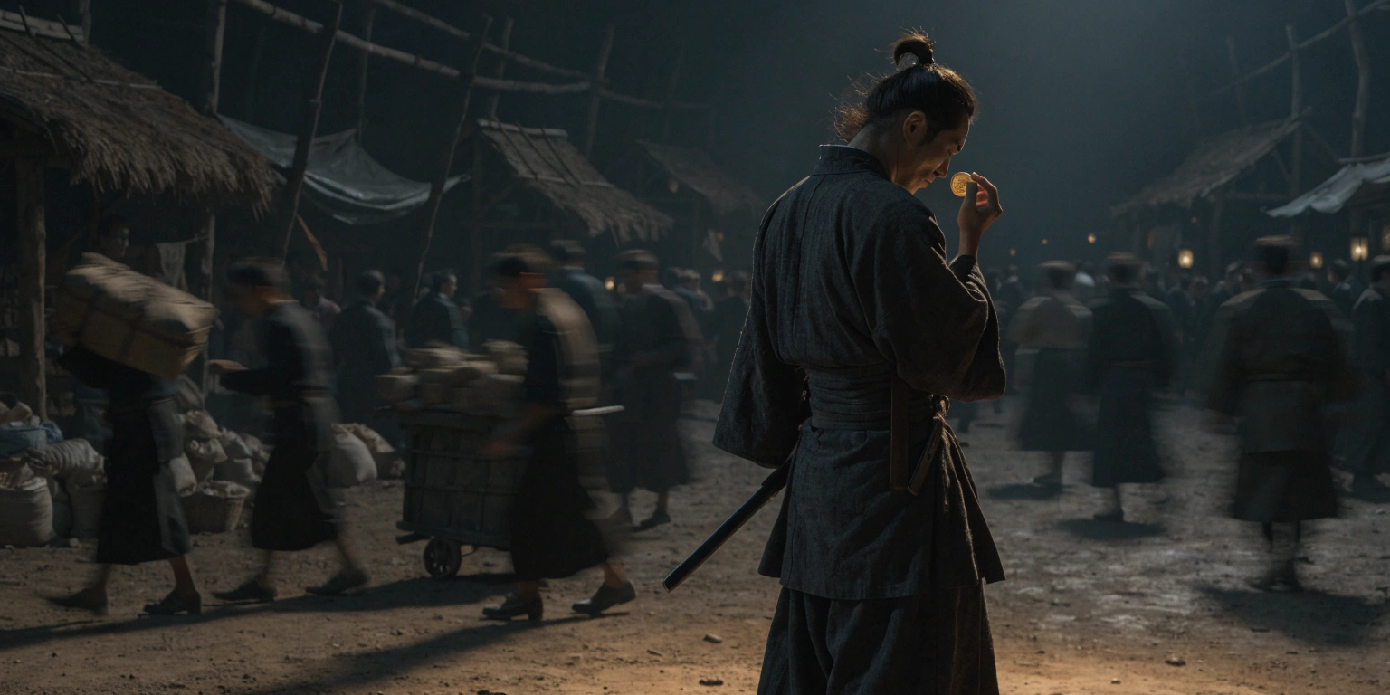 A ronin at a dark crossroads marketplace studying a single golden coin while turning from the chaos - representing smart investment over wasteful spending