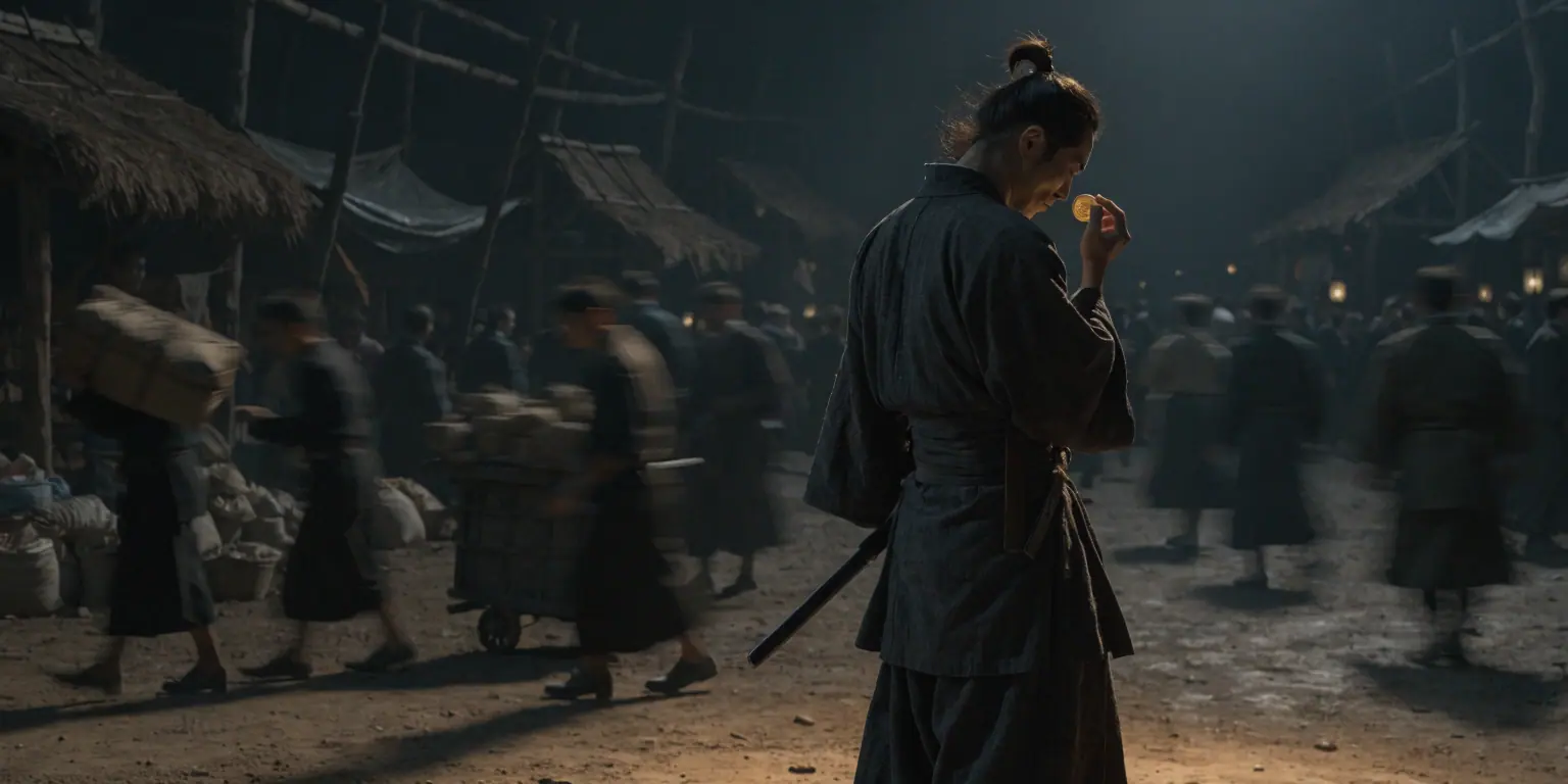 A ronin at a dark crossroads marketplace studying a single golden coin while turning from the chaos - representing smart investment over wasteful spending