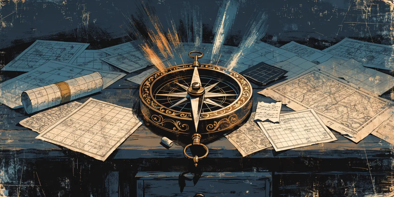 A ronin tracing golden connections on a wall diagram linking vision to action nodes - representing strategic alignment of vision to measurable actions