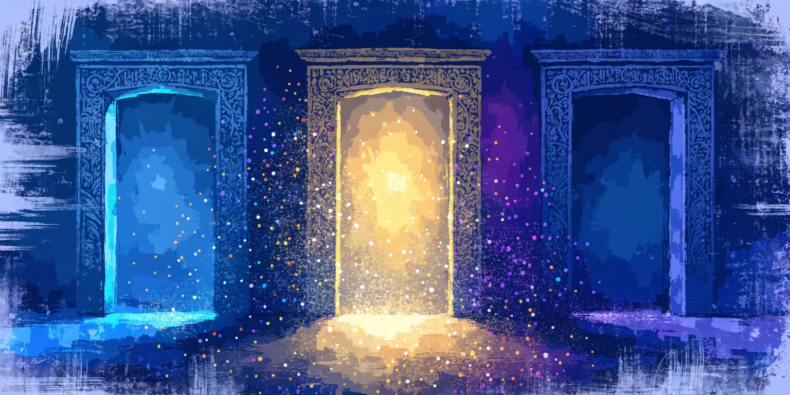 A ronin standing before three doorways with one glowing gold in a dark corridor - representing strategic evaluation of business opportunities