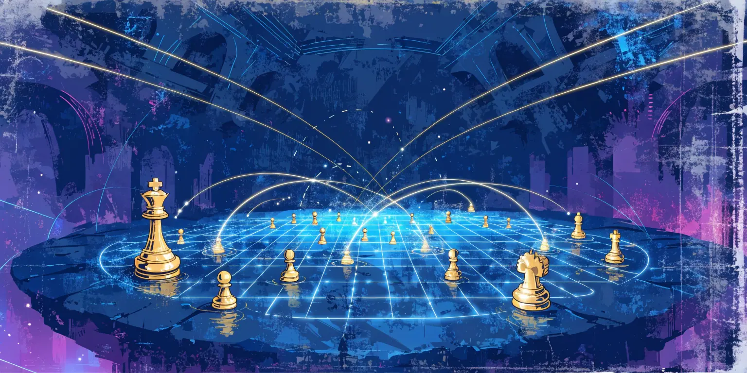 A ronin standing at the center of a massive circular stone platform with golden radiating lines - representing the strategic core of a growth framework