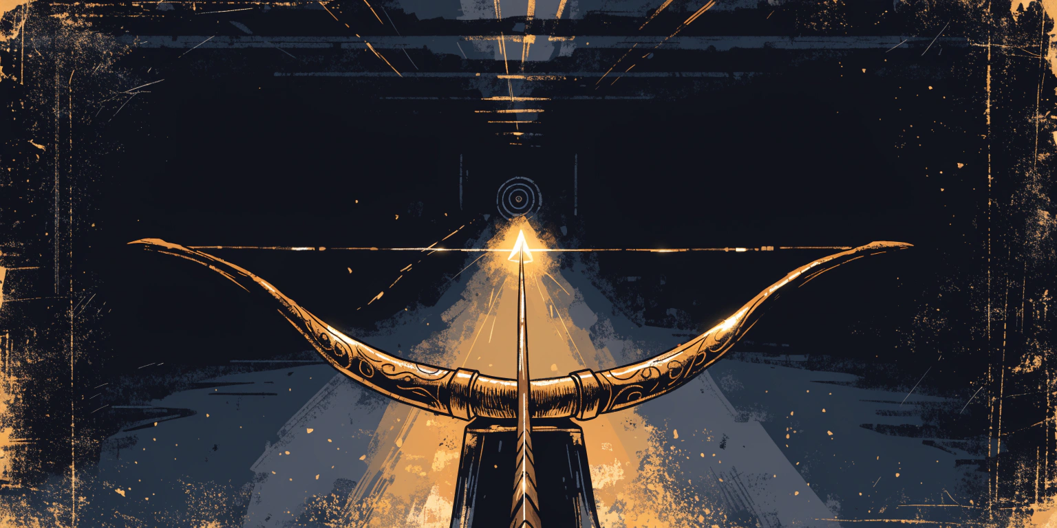 A ronin drawing a golden bow with absolute focus in a dark range - representing the strategist's precision and purpose