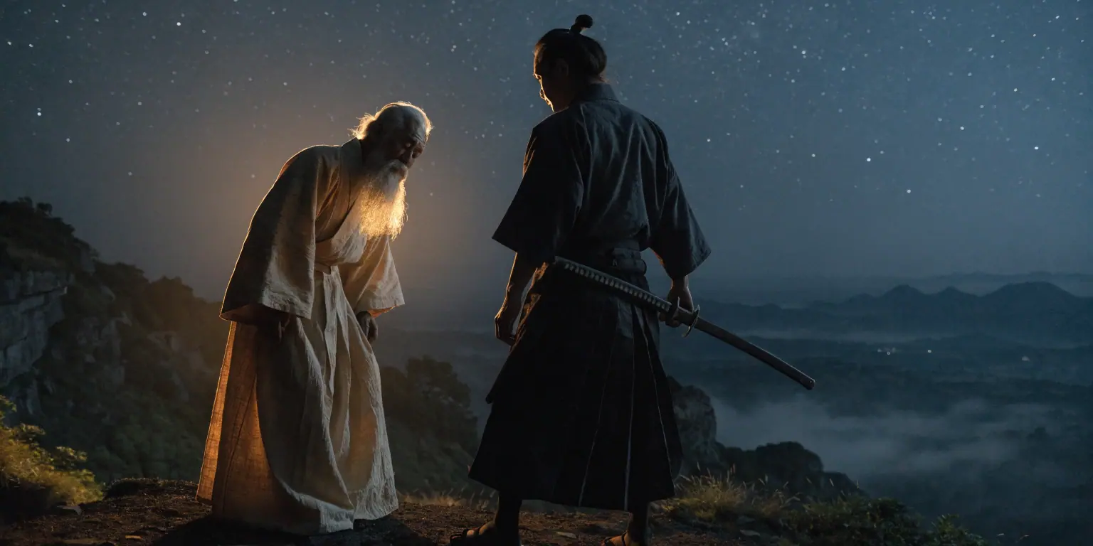 A ronin and a golden-lit elder figure standing together on a dark clifftop - representing the strategist and the mentor