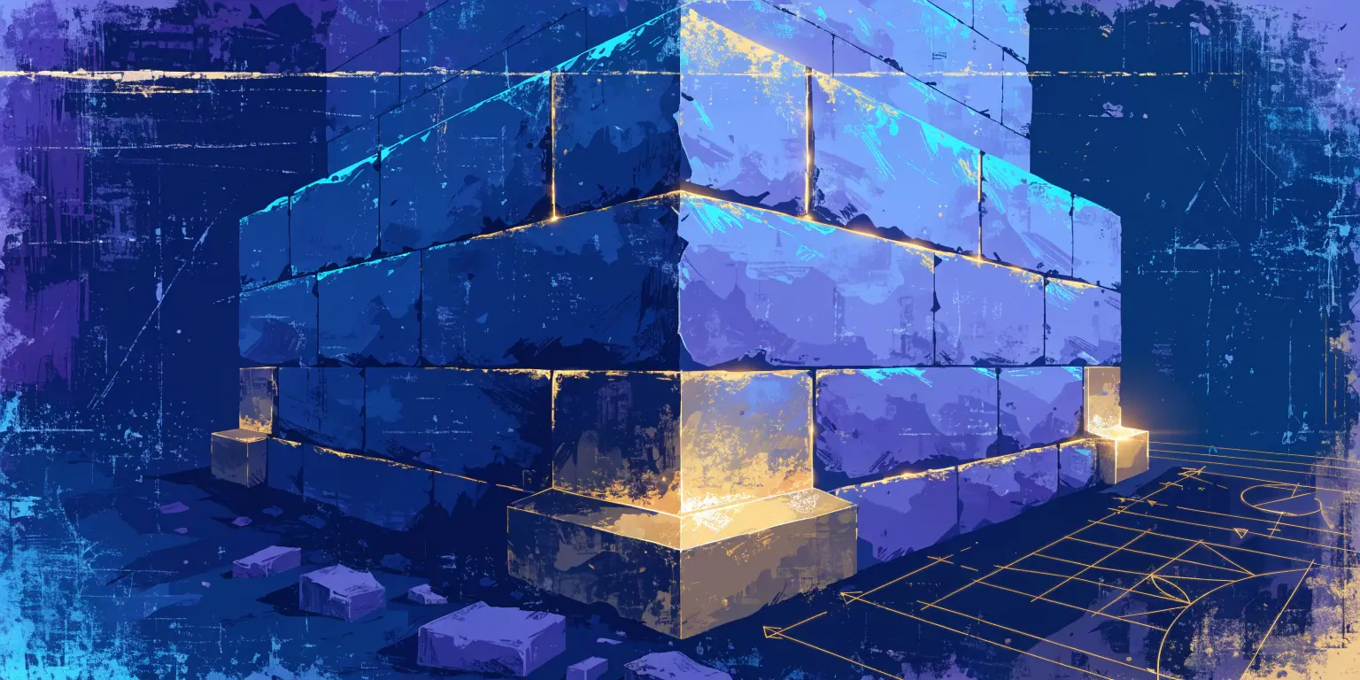 A ronin laying golden foundation stones for a fortress - representing building a strong foundation for online presence