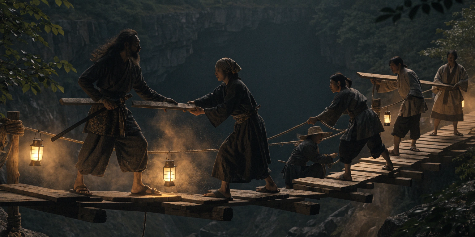 supporting-small-business-community-strength A ronin and several golden-lit figures building a bridge together across a dark ravine - representing small business community support