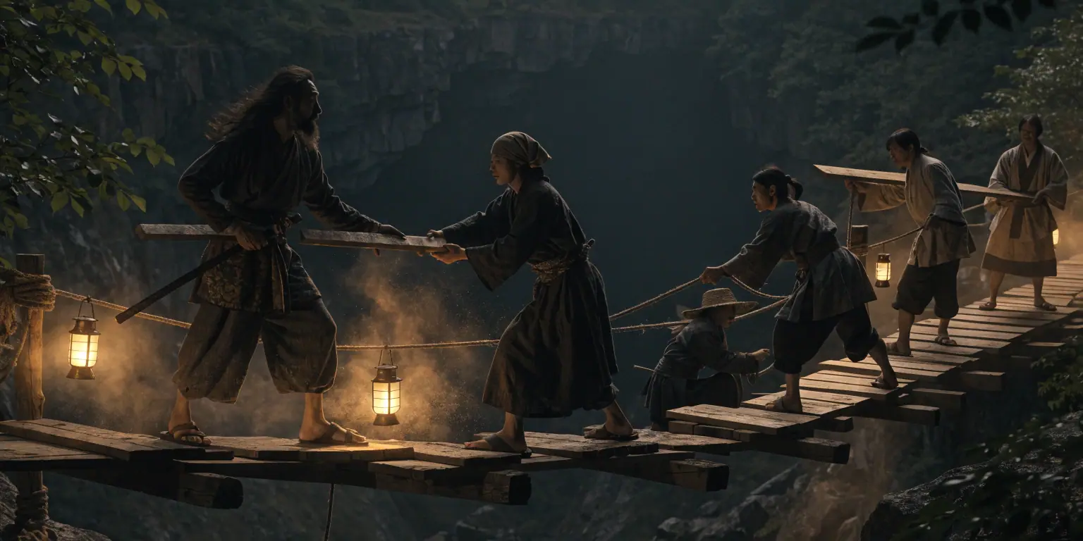 A ronin and several golden-lit figures building a bridge together across a dark ravine - representing small business community support