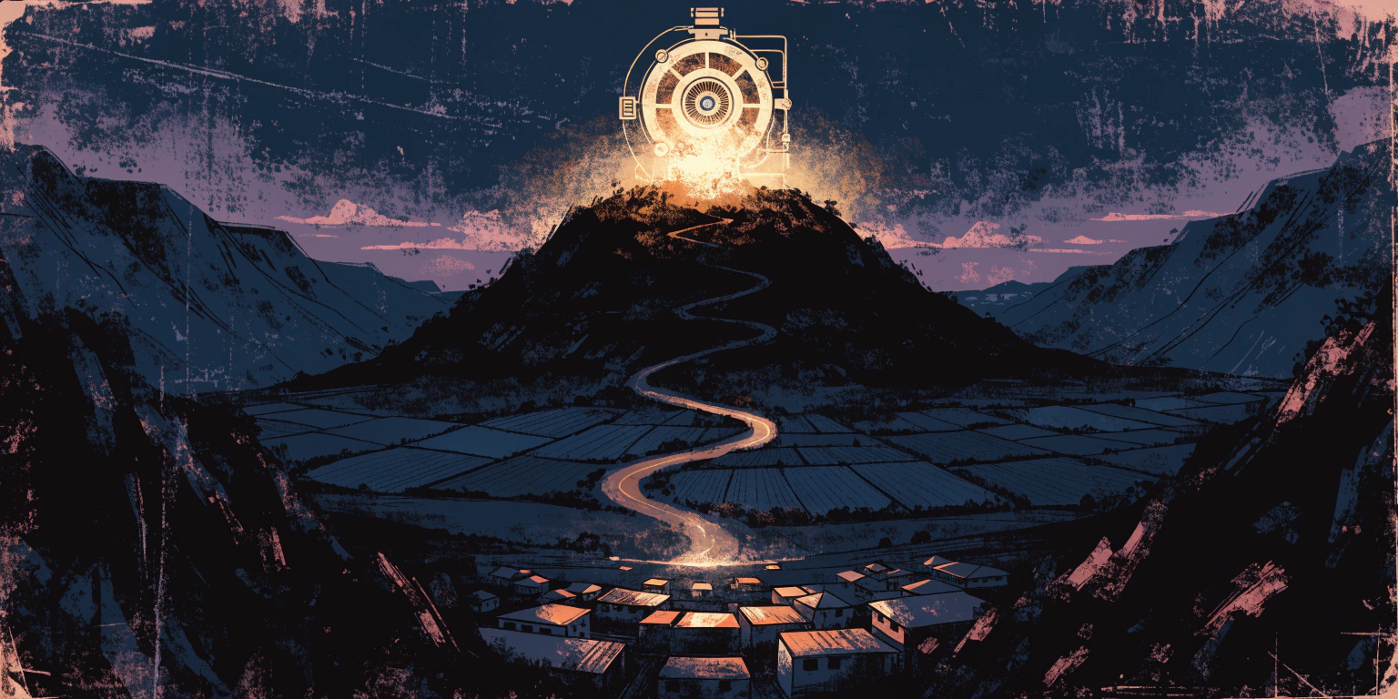 A great golden engine turning steadily on a hillside at first light, its glow spreading over fields and a small town - a running authority engine A great golden engine turning steadily on a hillside at first light, its glow spreading over fields and a small town - a running authority engine