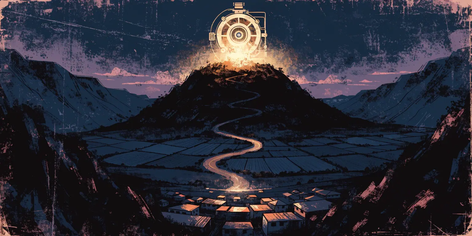 A great golden engine turning steadily on a hillside at first light, its glow spreading over fields and a small town - a running authority engine