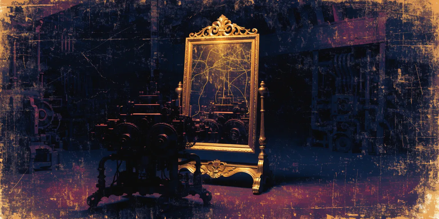 An ornate golden-framed mirror in a dark workshop reflecting the machine before it with its hidden connections traced in glowing gold - the strategist as mirror, not oracle