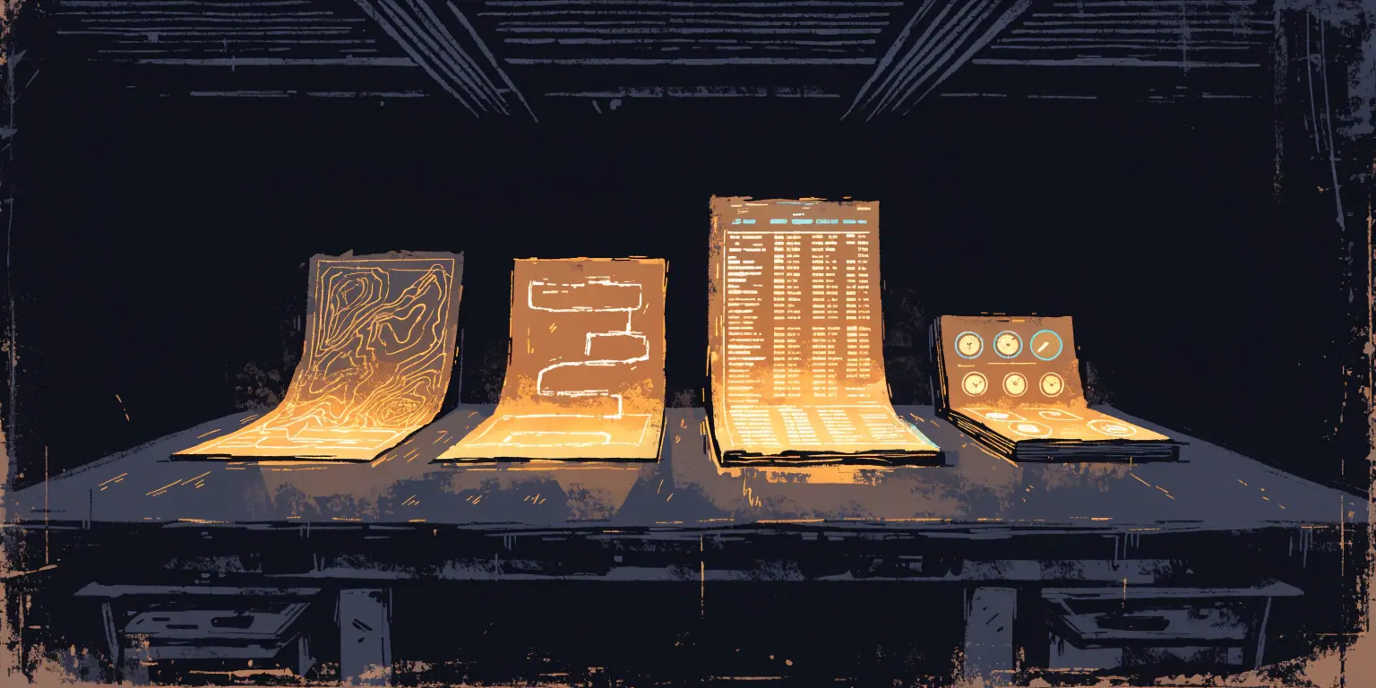 Four glowing golden documents laid on a dark drafting table - a map, a path diagram, an inventory ledger, and a gauge table - the four deliverables of clarity work