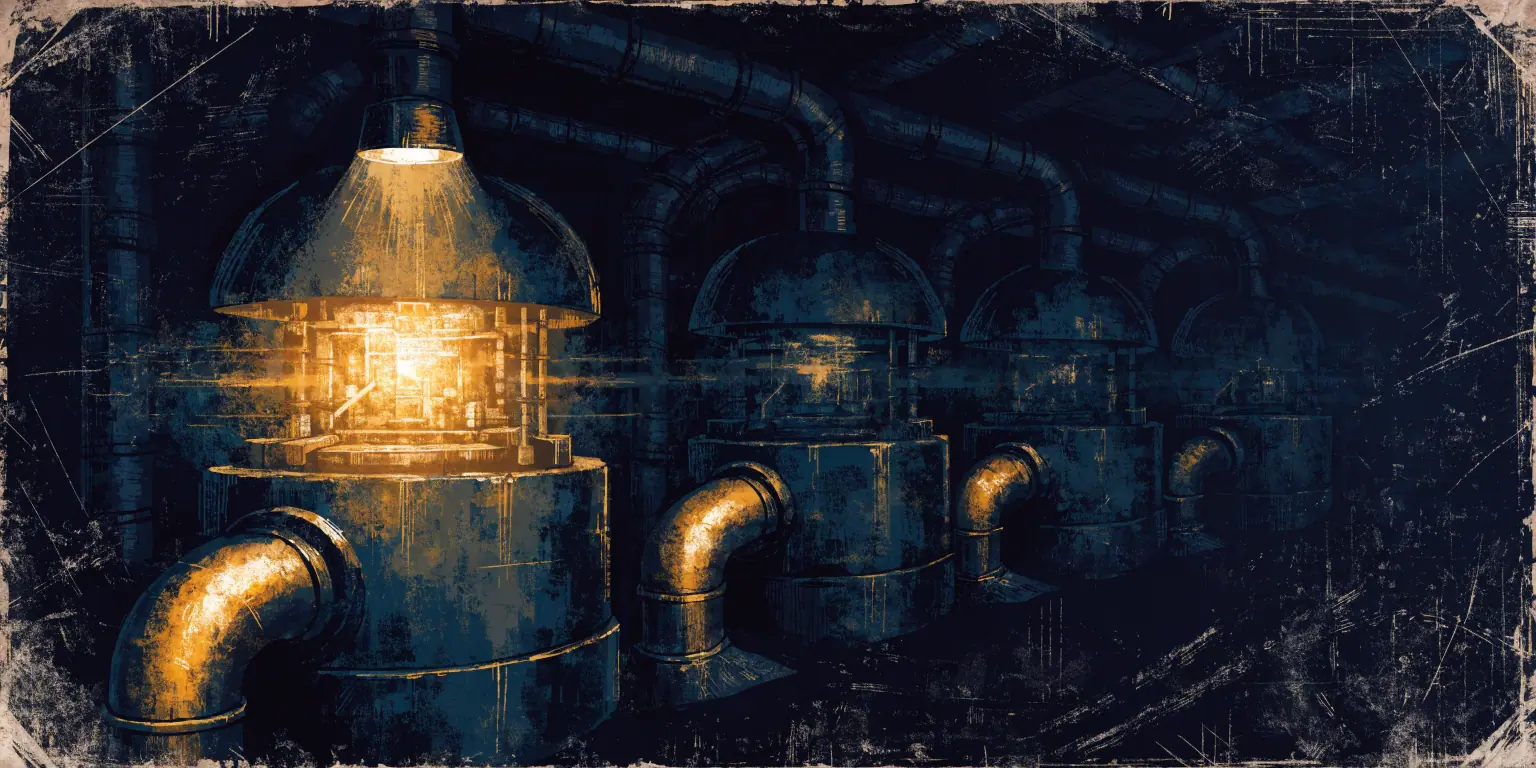 A row of four connected machine chambers in a dark hall with the first glowing bright gold under an inspection lamp while the rest wait dim - constraint triage in order