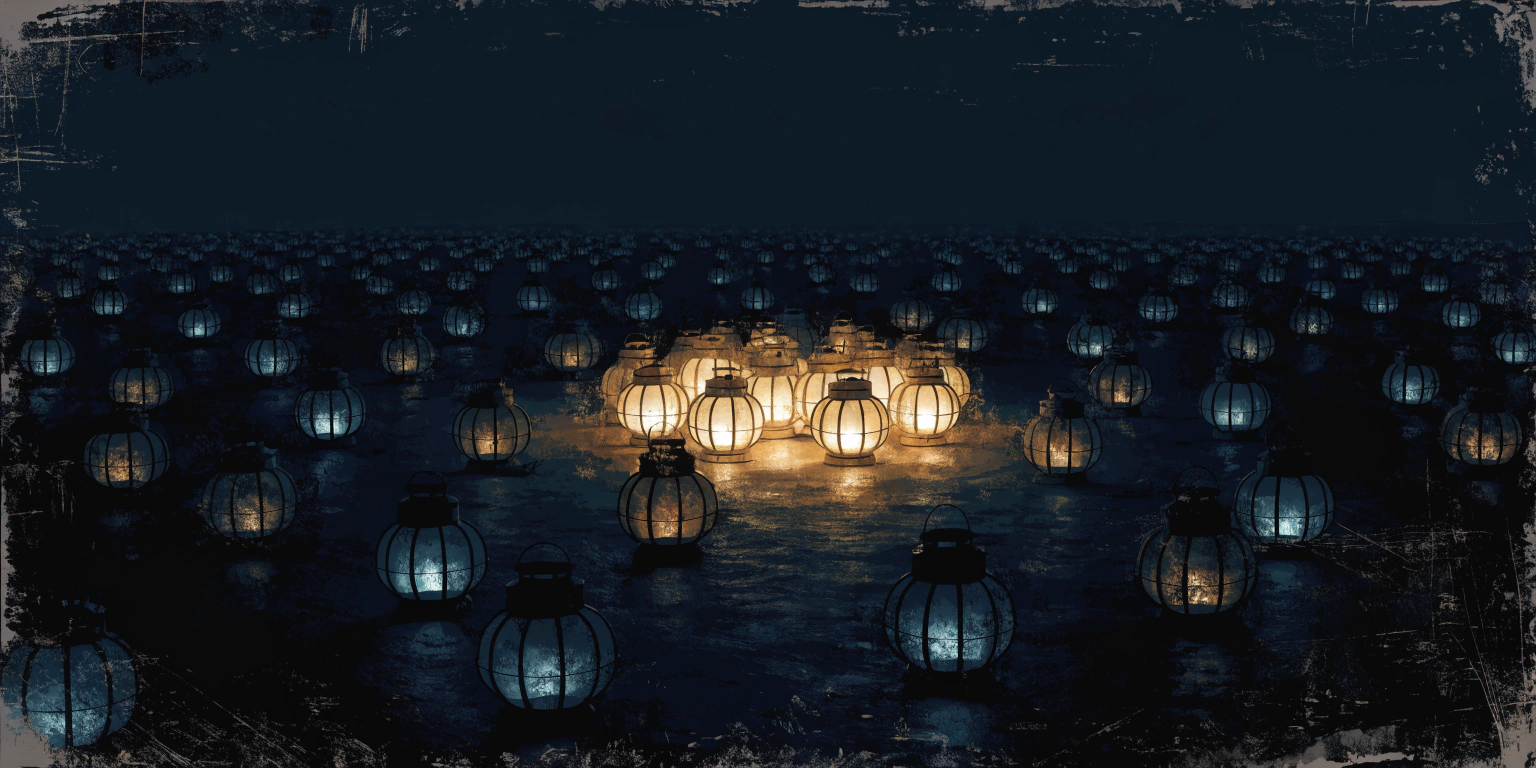 A small warm circle of lit golden lanterns on a dark plain with a vast field of unlit lanterns stretching to the horizon - referral trust that does not travel to strangers