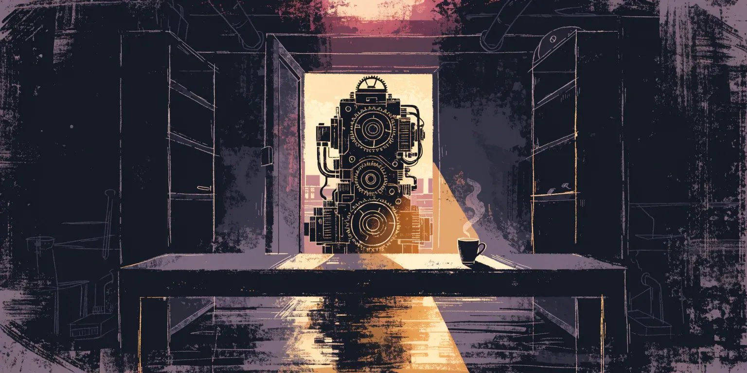 A tidy workshop at dawn with a great golden engine turning steadily on its own, the door open to morning light and a single steaming cup on the cleared workbench - the owner's life when the machine runs