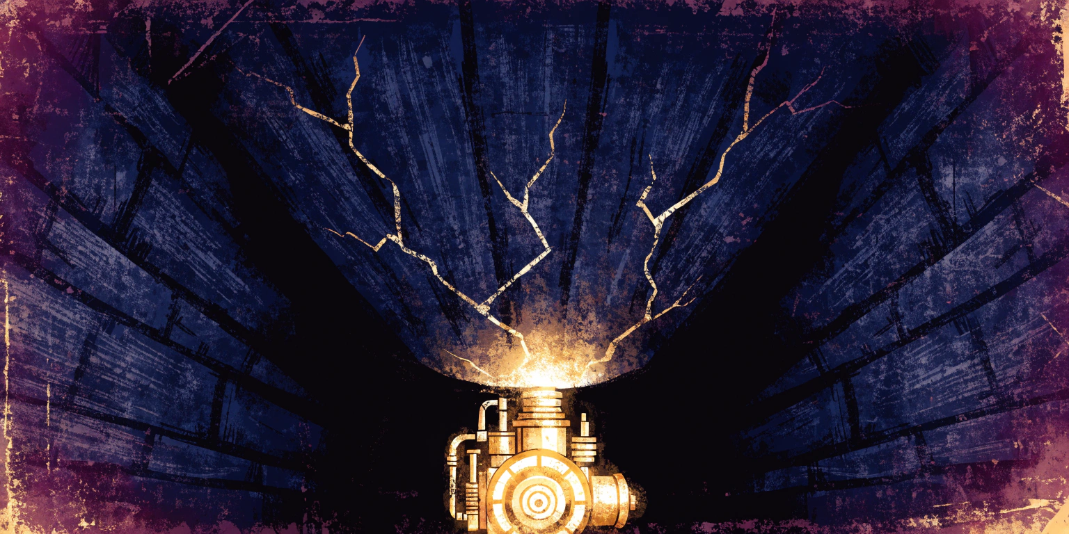 A small golden engine running at full brightness inside a dark stone chamber, its light pressing against a heavy rock ceiling laced with golden cracks - the first growth engine at its structural limit