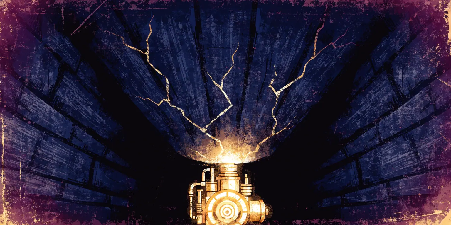 A small golden engine running at full brightness inside a dark stone chamber, its light pressing against a heavy rock ceiling laced with golden cracks - the first growth engine at its structural limit