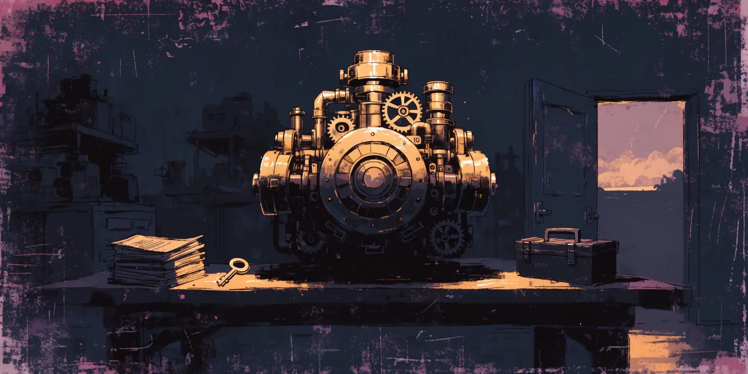 A finished golden engine glowing in a workshop at dusk, tools packed in a closed case by the open door, a golden key resting on the documentation - the engagement that ends with a handoff