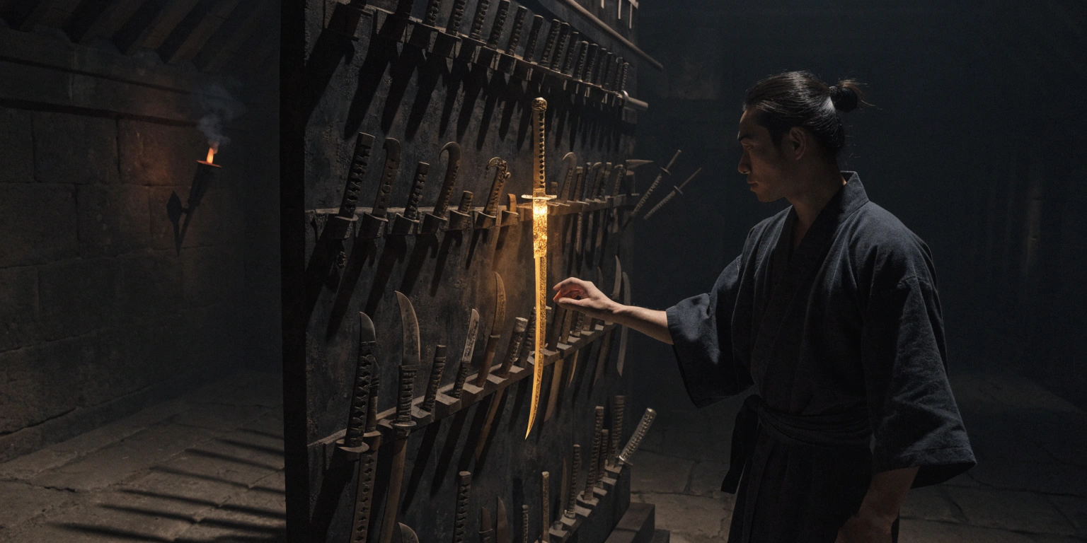 why-wordpress-best-website-platform-choice-1 A ronin standing in a dark armory choosing a golden weapon from a rack of options - representing choosing WordPress as the best platform