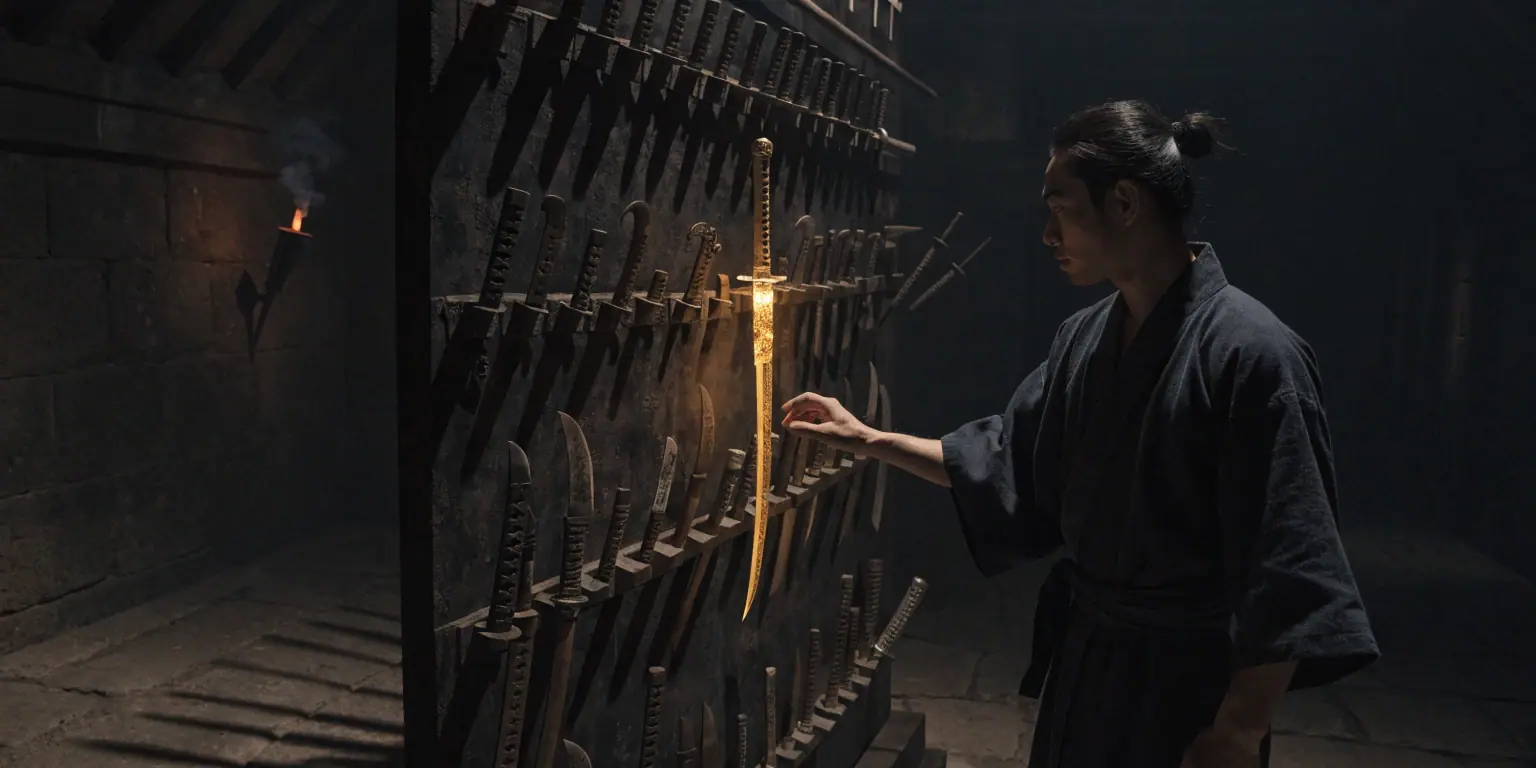 A ronin standing in a dark armory choosing a golden weapon from a rack of options - representing choosing WordPress as the best platform