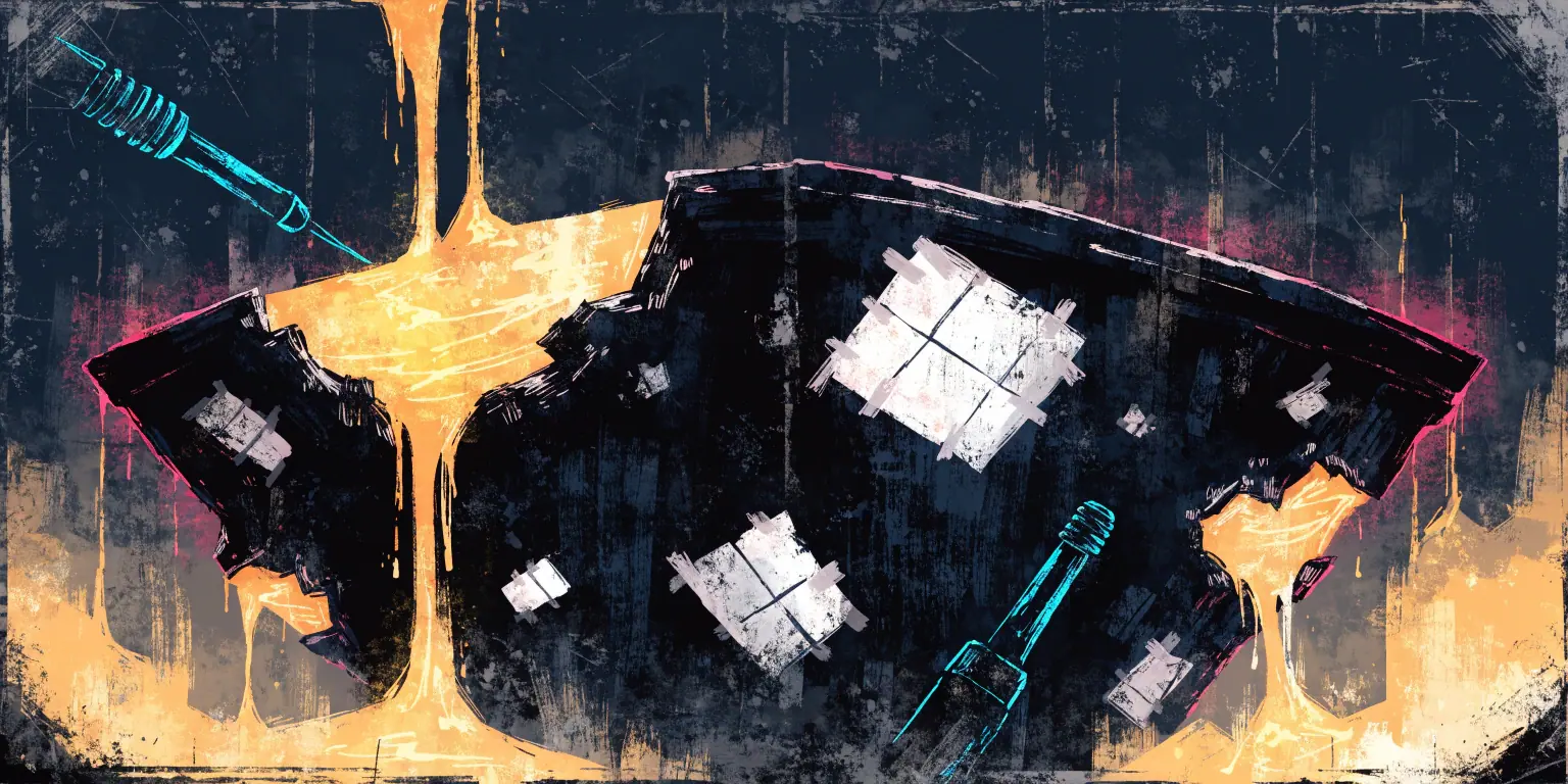 A ronin patching golden-leaking holes in a dark ship hull - representing fixing lead loss in business