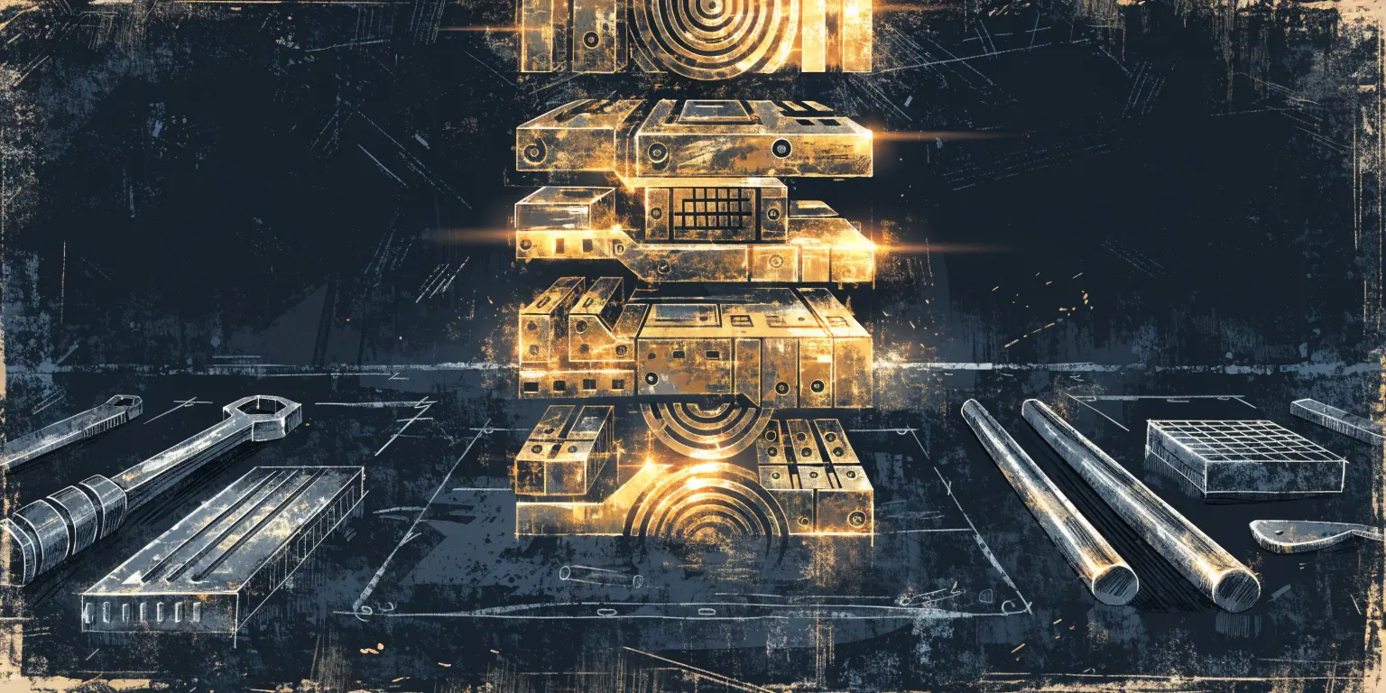 A ronin assembling golden modular components on a dark workbench - representing WordPress as a flexible business tool